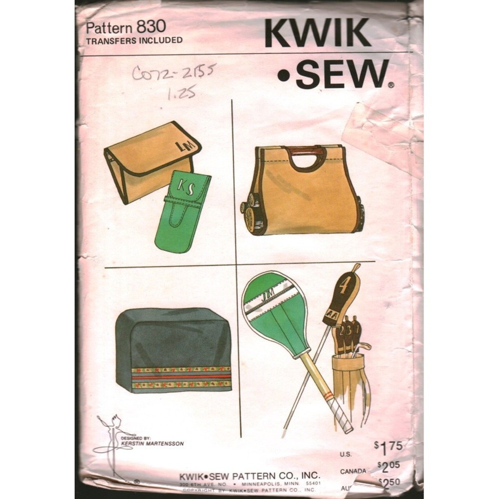 Vintage Kwik Sew Pattern 830 Kerstin Martensson Accessories Bags Covers Transfer
